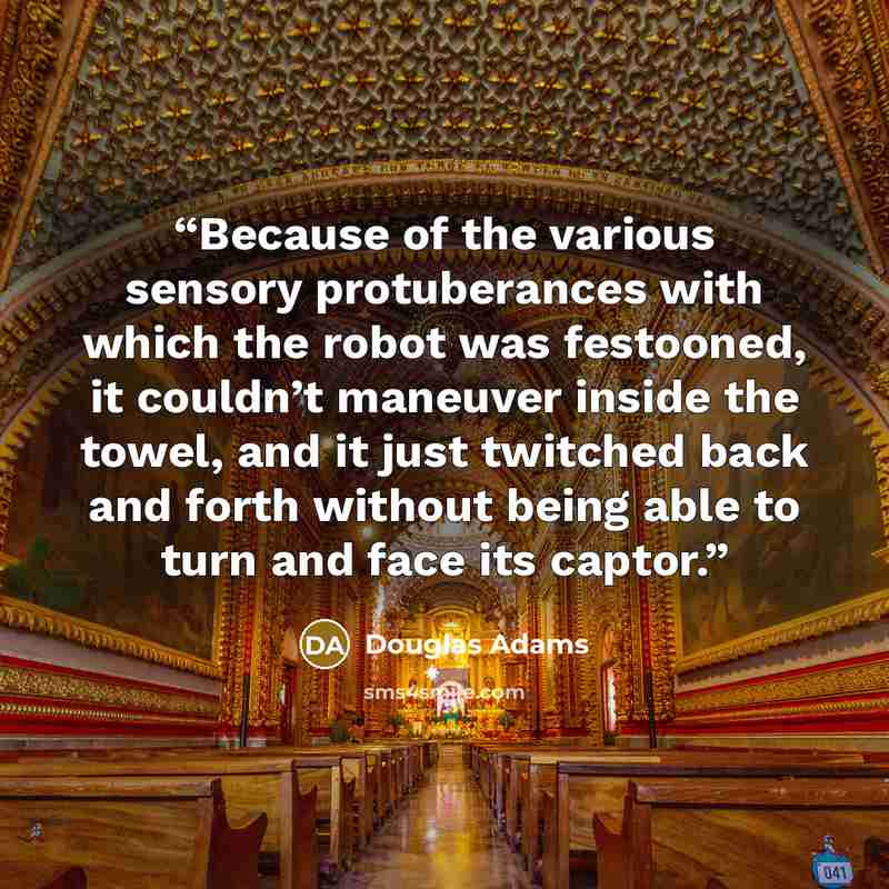 “Because of the various sensory protuberances with which the robot was festooned, it couldn’t maneuver inside the towel, and it just twitched back and forth without being able to turn and face its captor.” quote by Douglas Adams