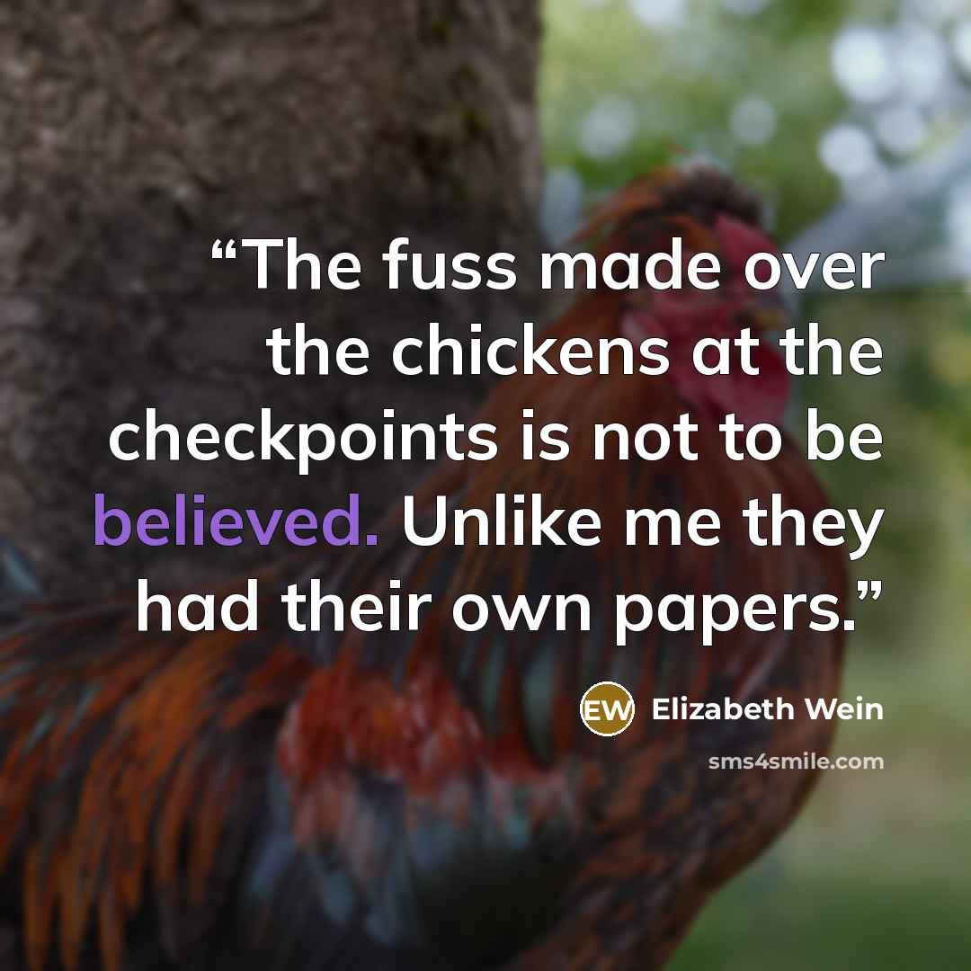 “The fuss made over the chickens at the checkpoints is not to be believed. Unlike me they had their own papers.” quote by Elizabeth Wein