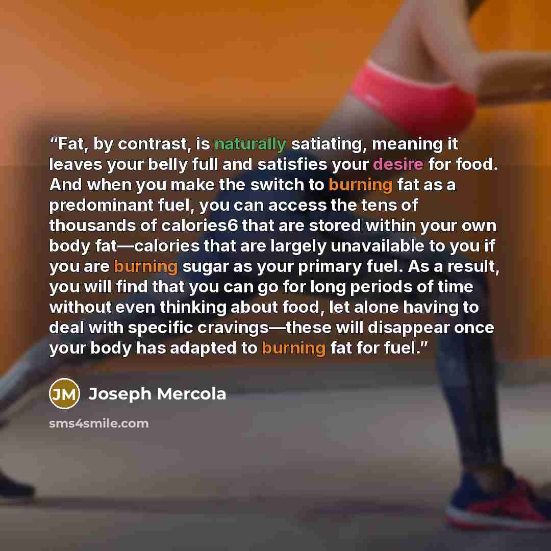 “Fat, by contrast, is naturally satiating, meaning it leaves your belly full and satisfies your desire for food. And when you make the switch to burning fat as a predominant fuel, you can access the tens of thousands of calories6 that are stored within your own body fat—calories that are largely…” quote by Joseph Mercola