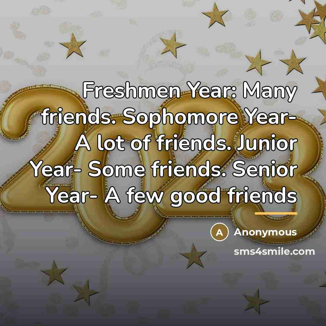 “Freshmen Year: Many friends. Sophomore Year- A lot of friends.…” quote by Anonymous