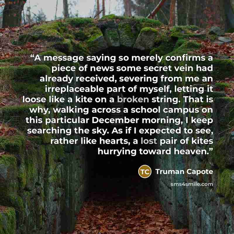 “A message saying so merely confirms a piece of news some secret vein had already received, severing from me an irreplaceable part of myself, letting it loose like a kite on a broken string. That is why, walking across a school campus on this particular December morning, I keep searching the sky…” quote by Truman Capote