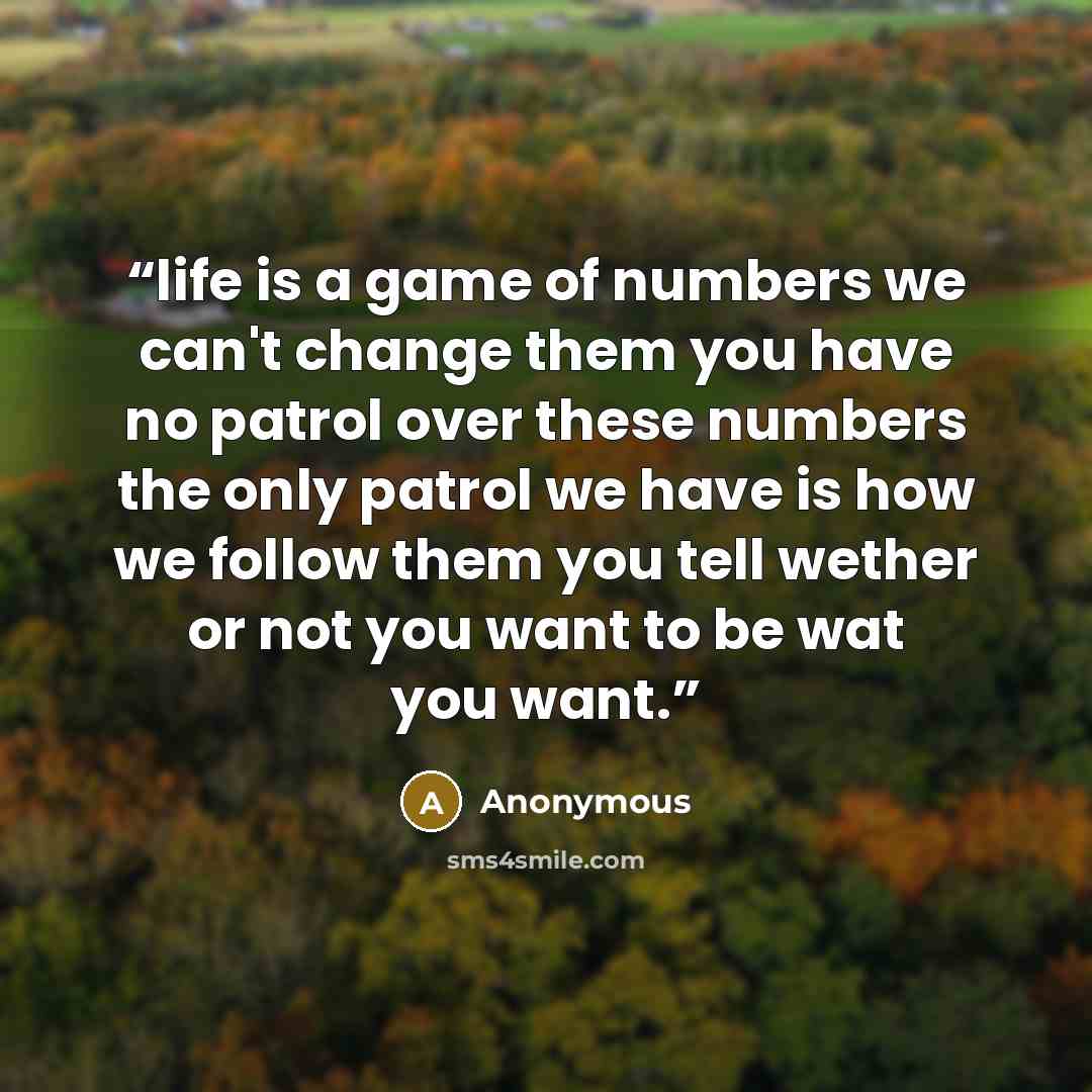 “life is a game of numbers we can't change them you have no patrol over these numbers the only patrol we have is how we follow them you tell wether or not you want to be wat you want.” quote by Anonymous