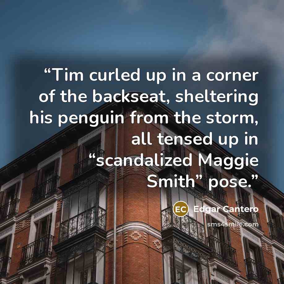 “Tim curled up in a corner of the backseat, sheltering his penguin from the storm, all tensed up in “scandalized Maggie Smith” pose.” quote by Edgar Cantero