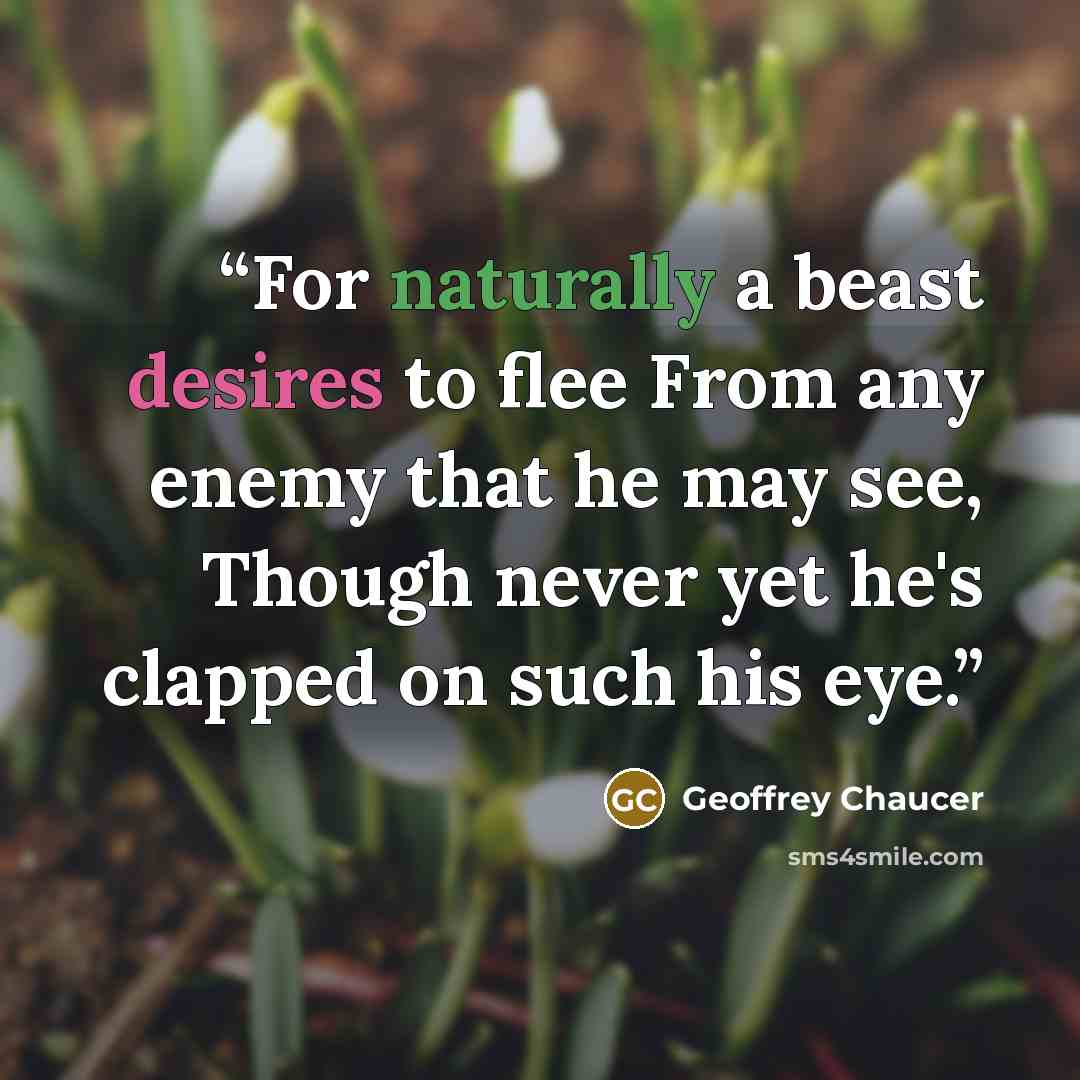 “For naturally a beast desires to flee From any enemy that he may see, Though never yet he's clapped on such his eye.” quote by Geoffrey Chaucer