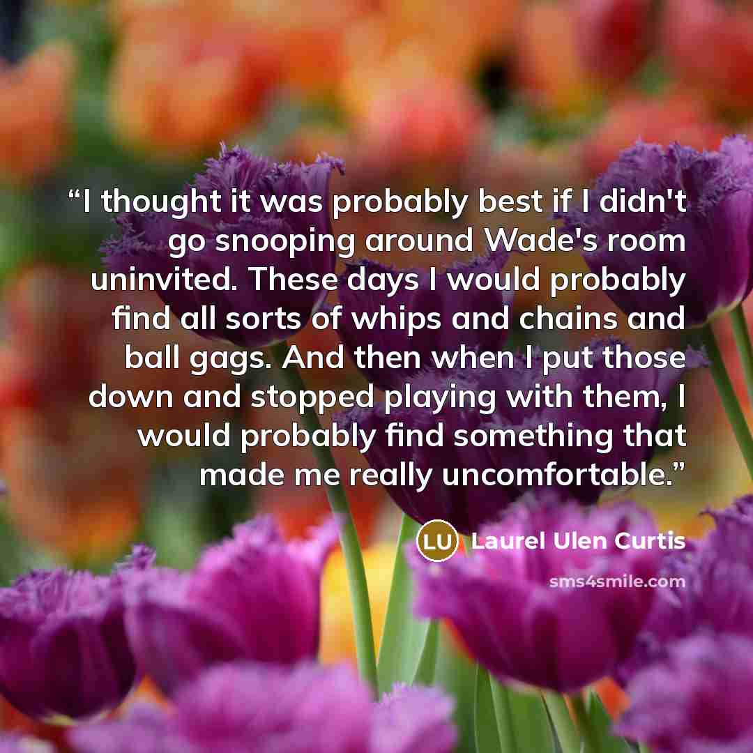“I thought it was probably best if I didn't go snooping around Wade's room uninvited. These days I would probably find all sorts of whips and chains and ball gags. And then when I put those down and stopped playing with them, I would probably find something that made me really uncomfortable.” quote by Laurel Ulen Curtis