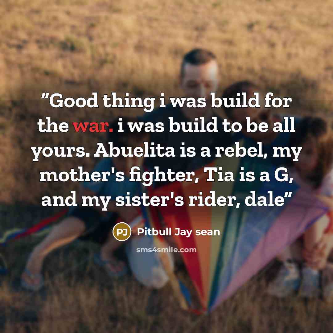 “Good thing i was build for the war. i was build to be all yours. Abuelita is a rebel, my mother's fighter, Tia is a G, and my sister's rider, dale” quote by Pitbull Jay sean