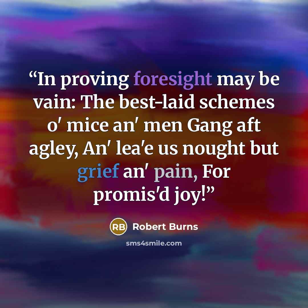 “In proving foresight may be vain: The best-laid schemes o' mice an' men Gang aft agley, An' lea'e us nought but grief an' pain, For promis'd joy!” quote by Robert Burns