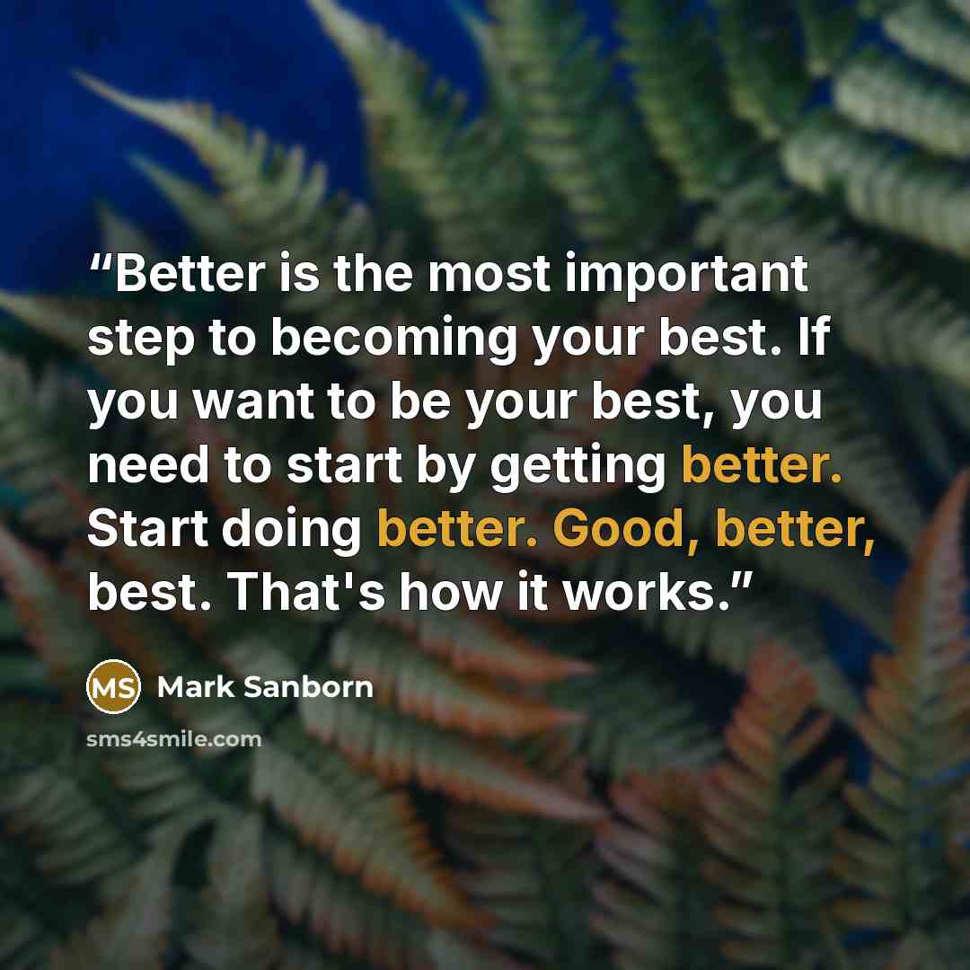 “Better is the most important step to becoming your best. If you want to be your best, you need to start by getting better. Start doing better. Good, better, best. That's how it works.” quote by Mark Sanborn