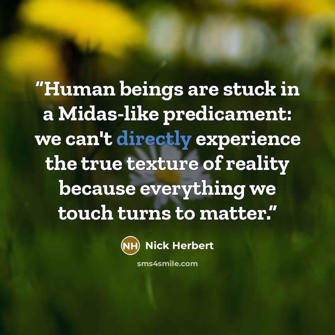 “Human beings are stuck in a Midas-like predicament: we can't directly experience the true texture of reality because everything we touch turns to matter.” quote by Nick Herbert