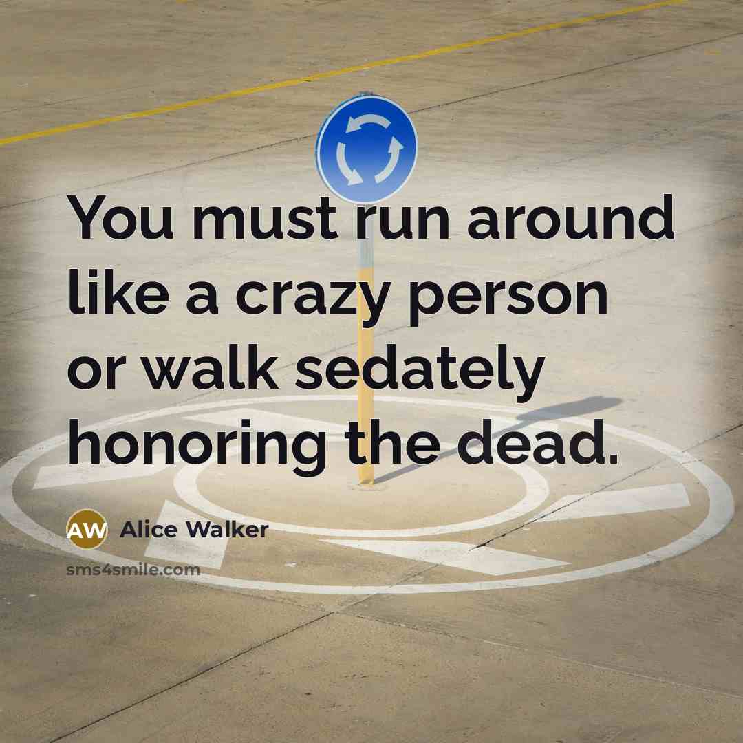 “You must run around like a crazy person or walk…” quote by Alice Walker