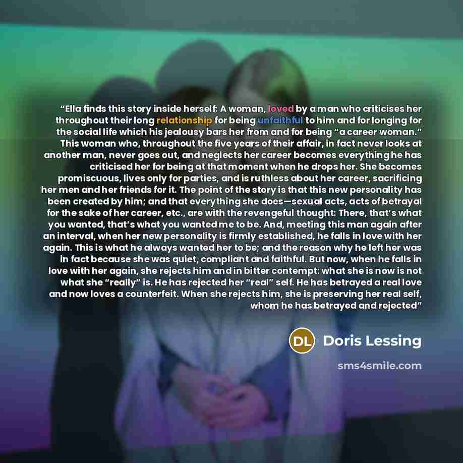 “Ella finds this story inside herself: A woman, loved by a man who criticises her throughout their long relationship for being unfaithful to him and for longing for the social life which his jealousy bars her from and for being “a career woman.” This woman who, throughout the five years of their…” quote by Doris Lessing