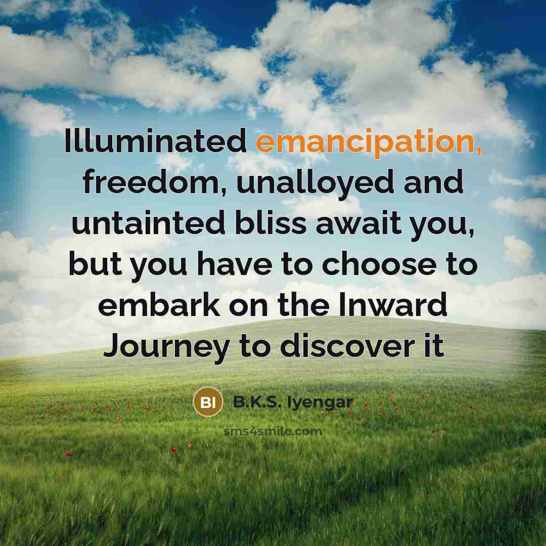 “Illuminated emancipation, freedom, unalloyed and untainted bliss await you, but…” quote by B.K.S. Iyengar