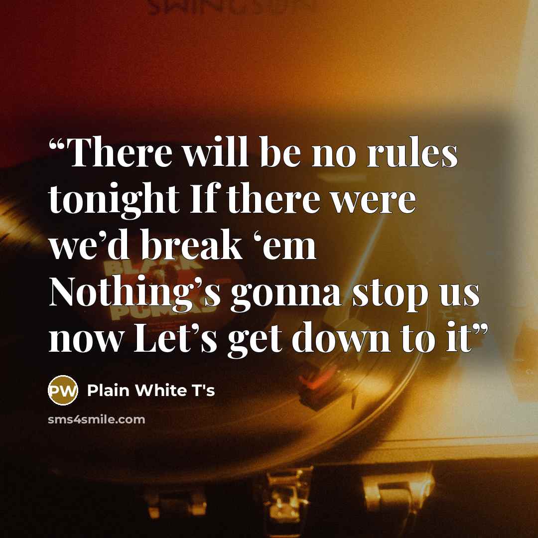 “There will be no rules tonight If there were we’d break ‘em Nothing’s gonna stop us now Let’s get down to it” quote by Plain White T's
