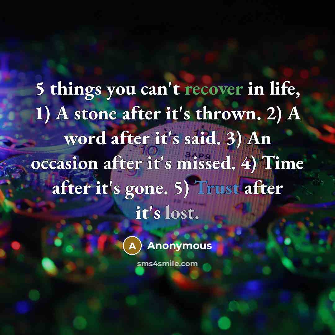 “5 things you can't recover in life, 1) A stone…” quote by Anonymous