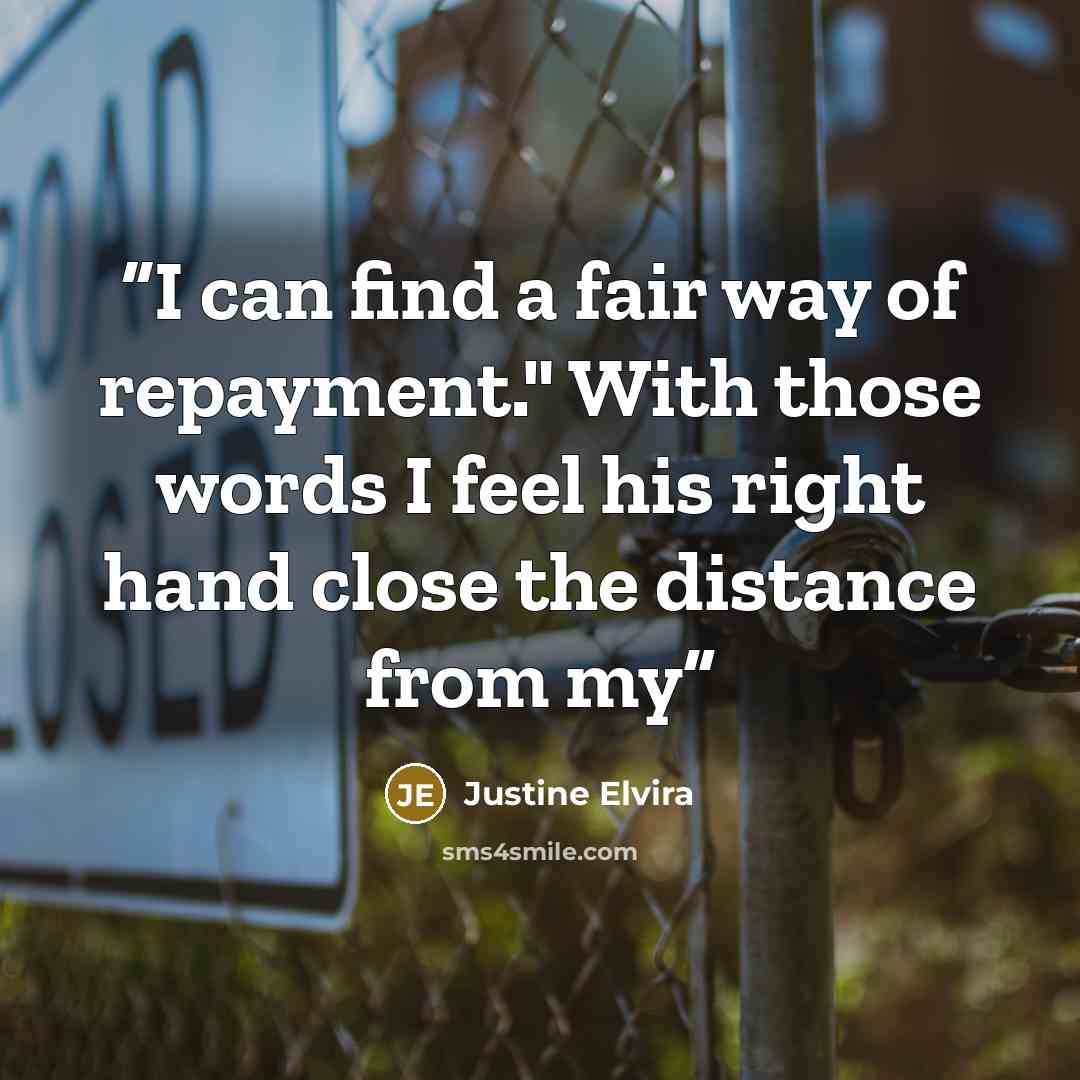 “I can find a fair way of repayment." With those words I feel his right hand close the distance from my” quote by Justine Elvira