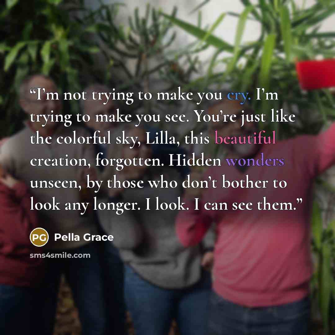 “I’m not trying to make you cry. I’m trying to make you see. You’re just like the colorful sky, Lilla, this beautiful creation, forgotten. Hidden wonders unseen, by those who don’t bother to look any longer. I look. I can see them.” quote by Pella Grace
