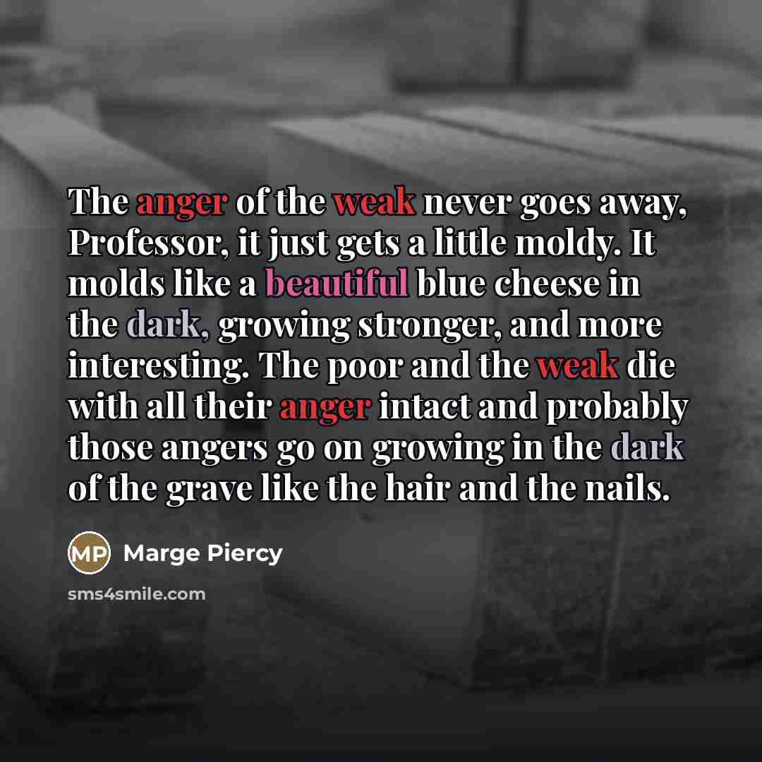 “The anger of the weak never goes away, Professor, it…” quote by Marge Piercy