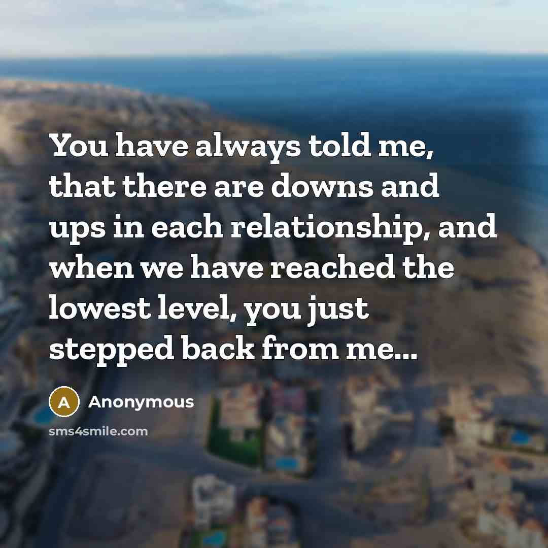 “You have always told me, that there are downs and ups in each relationship, and when we have reached the lowest level, you just stepped back from me...” quote by Anonymous