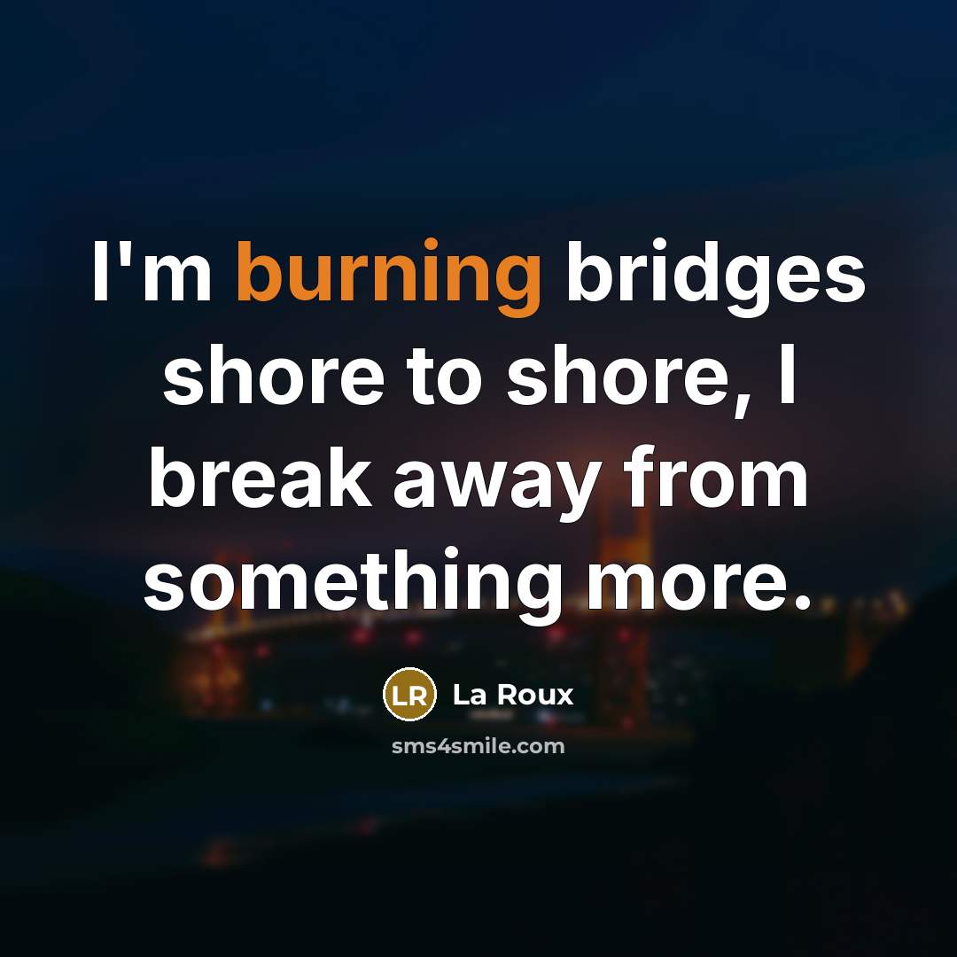 “I'm burning bridges shore to shore, I break away from something more.” quote by La Roux