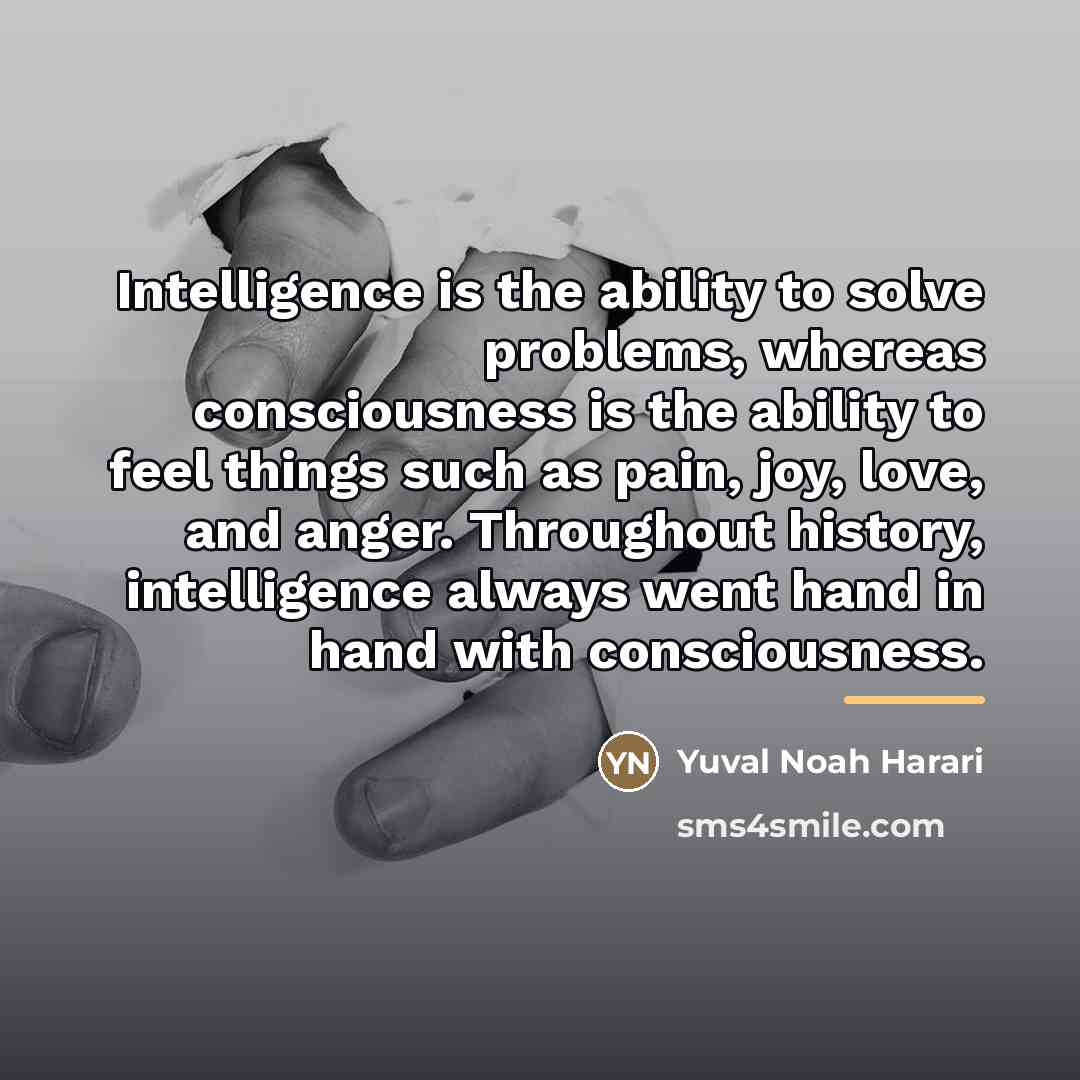 “Intelligence is the ability to solve problems, whereas consciousness is…” quote by Yuval Noah Harari