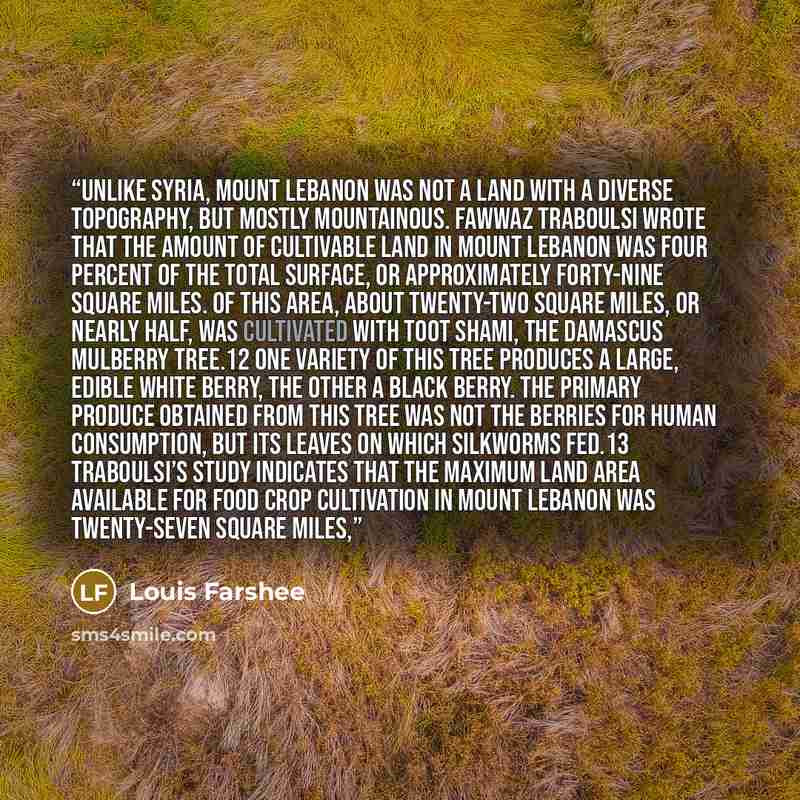 “Unlike Syria, Mount Lebanon was not a land with a diverse topography, but mostly mountainous. Fawwaz Traboulsi wrote that the amount of cultivable land in Mount Lebanon was four percent of the total surface, or approximately forty-nine square miles. Of this area, about twenty-two square miles, or…” quote by Louis Farshee