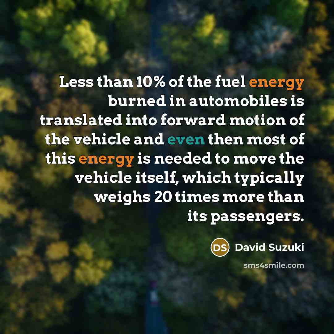 “Less than 10% of the fuel energy burned in automobiles…” quote by David Suzuki