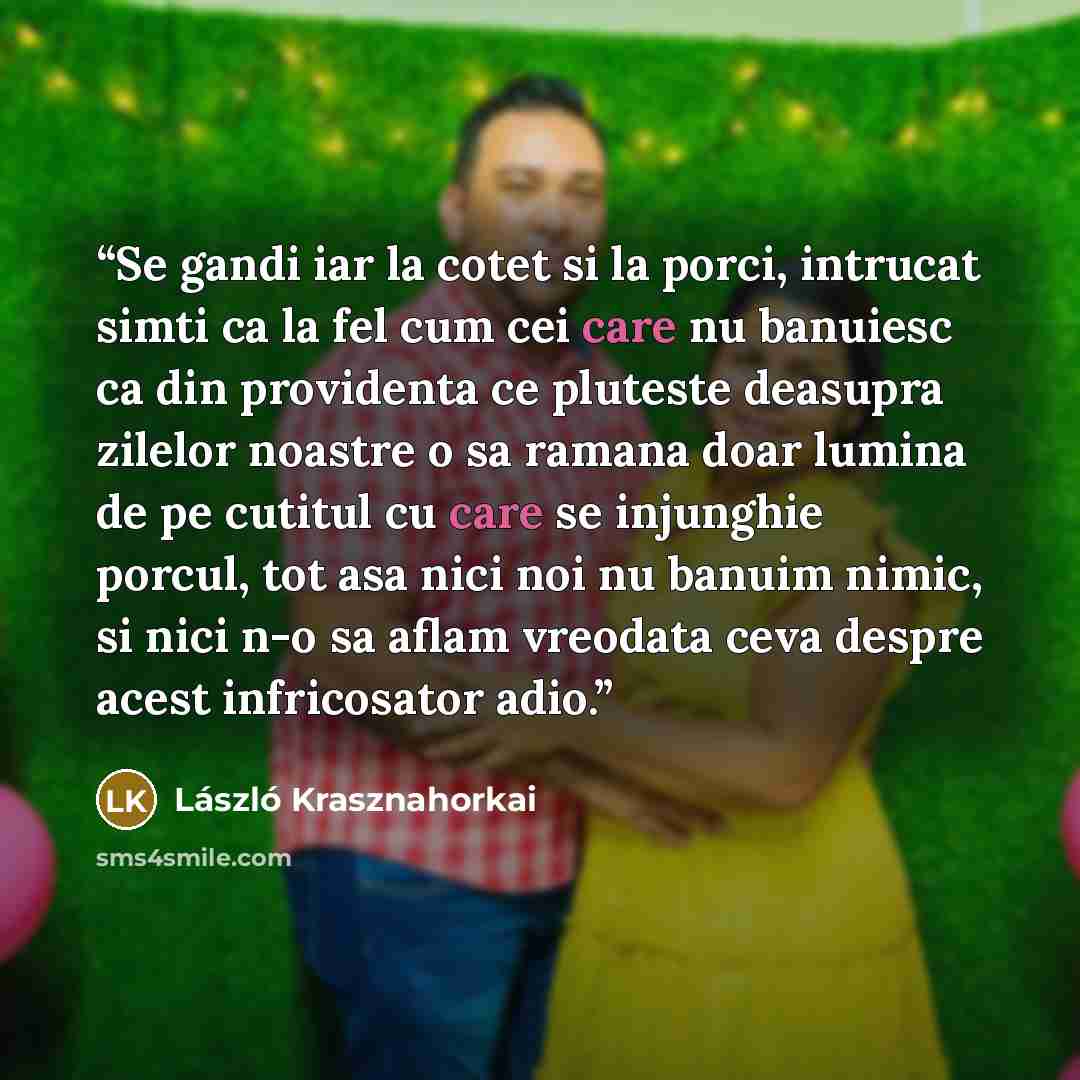 “Se gandi iar la cotet si la porci, intrucat simti ca la fel cum cei care nu banuiesc ca din providenta ce pluteste deasupra zilelor noastre o sa ramana doar lumina de pe cutitul cu care se injunghie porcul, tot asa nici noi nu banuim nimic, si nici n-o sa aflam vreodata ceva despre acest…” quote by László Krasznahorkai