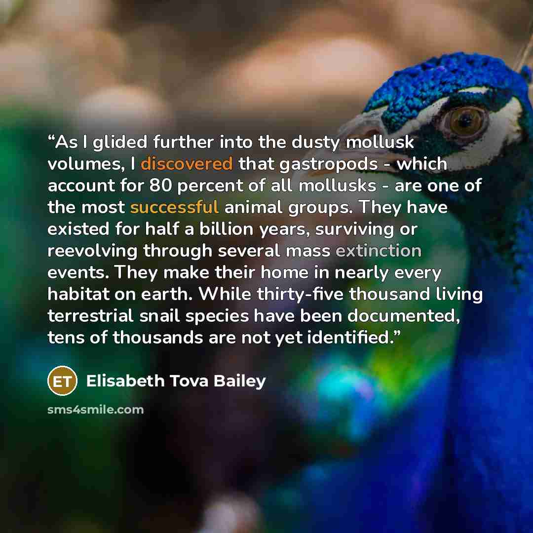 “As I glided further into the dusty mollusk volumes, I discovered that gastropods - which account for 80 percent of all mollusks - are one of the most successful animal groups. They have existed for half a billion years, surviving or reevolving through several mass extinction events. They make…” quote by Elisabeth Tova Bailey