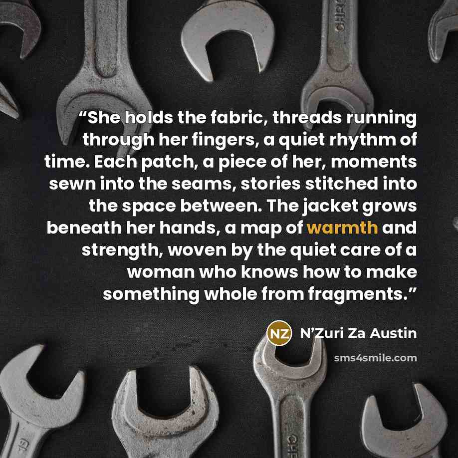 “She holds the fabric, threads running through her fingers, a quiet rhythm of time. Each patch, a piece of her, moments sewn into the seams, stories stitched into the space between. The jacket grows beneath her hands, a map of warmth and strength, woven by the quiet care of a woman who knows how to…” quote by N’Zuri Za Austin