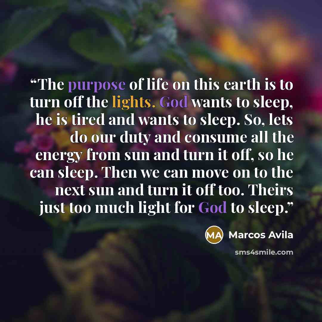 “The purpose of life on this earth is to turn off the lights. God wants to sleep, he is tired and wants to sleep. So, lets do our duty and consume all the energy from sun and turn it off, so he can sleep. Then we can move on to the next sun and turn it off too. Theirs just too much light for God to…” quote by Marcos Avila