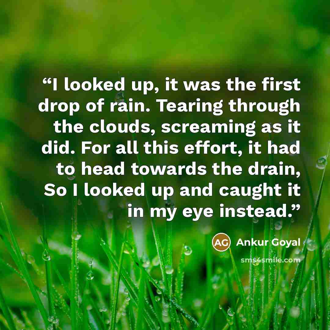 “I looked up, it was the first drop of rain. Tearing through the clouds, screaming as it did. For all this effort, it had to head towards the drain, So I looked up and caught it in my eye instead.” quote by Ankur Goyal