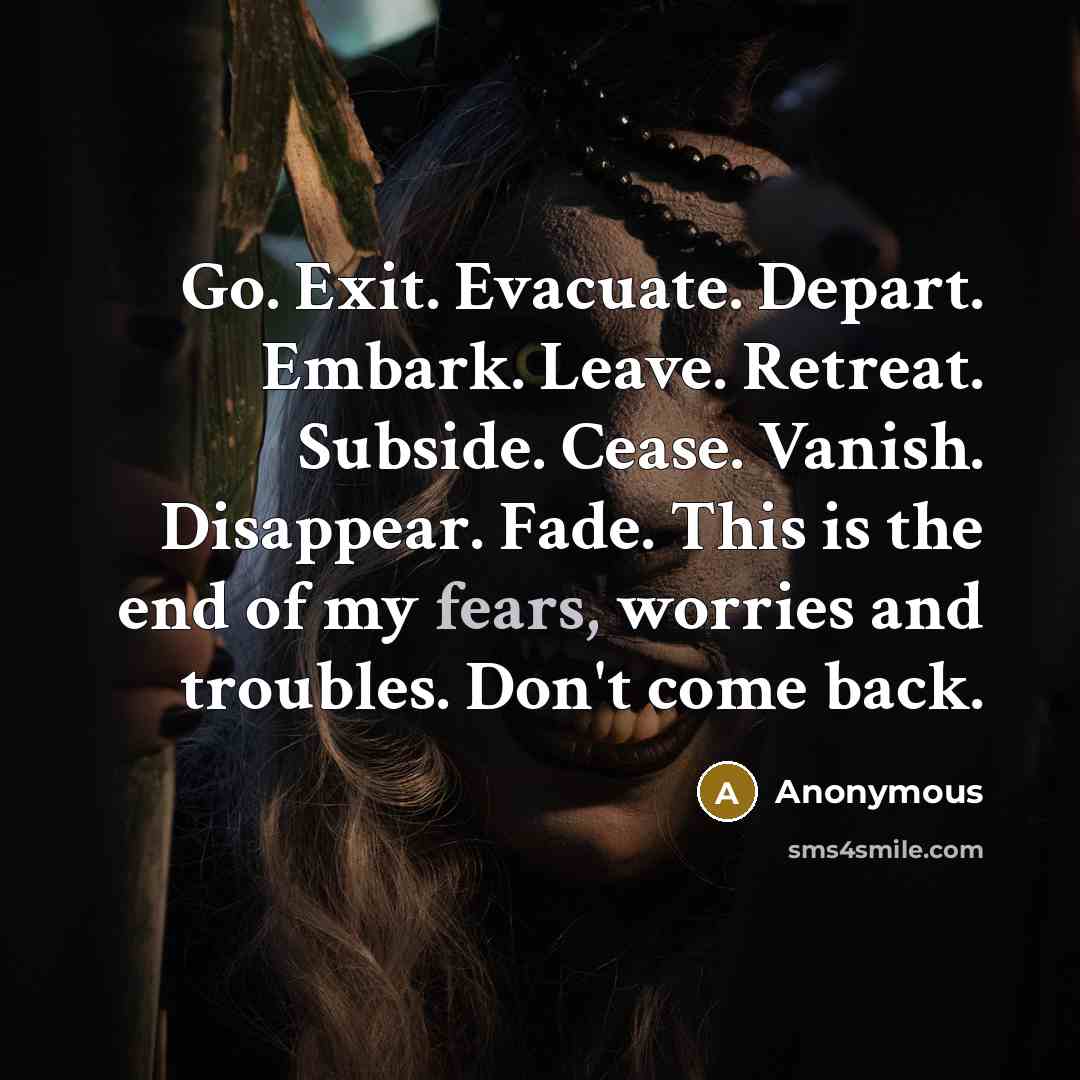 “Go. Exit. Evacuate. Depart. Embark. Leave. Retreat. Subside. Cease. Vanish. Disappear. Fade. This is the end of my fears, worries and troubles. Don't come back.” quote by Anonymous