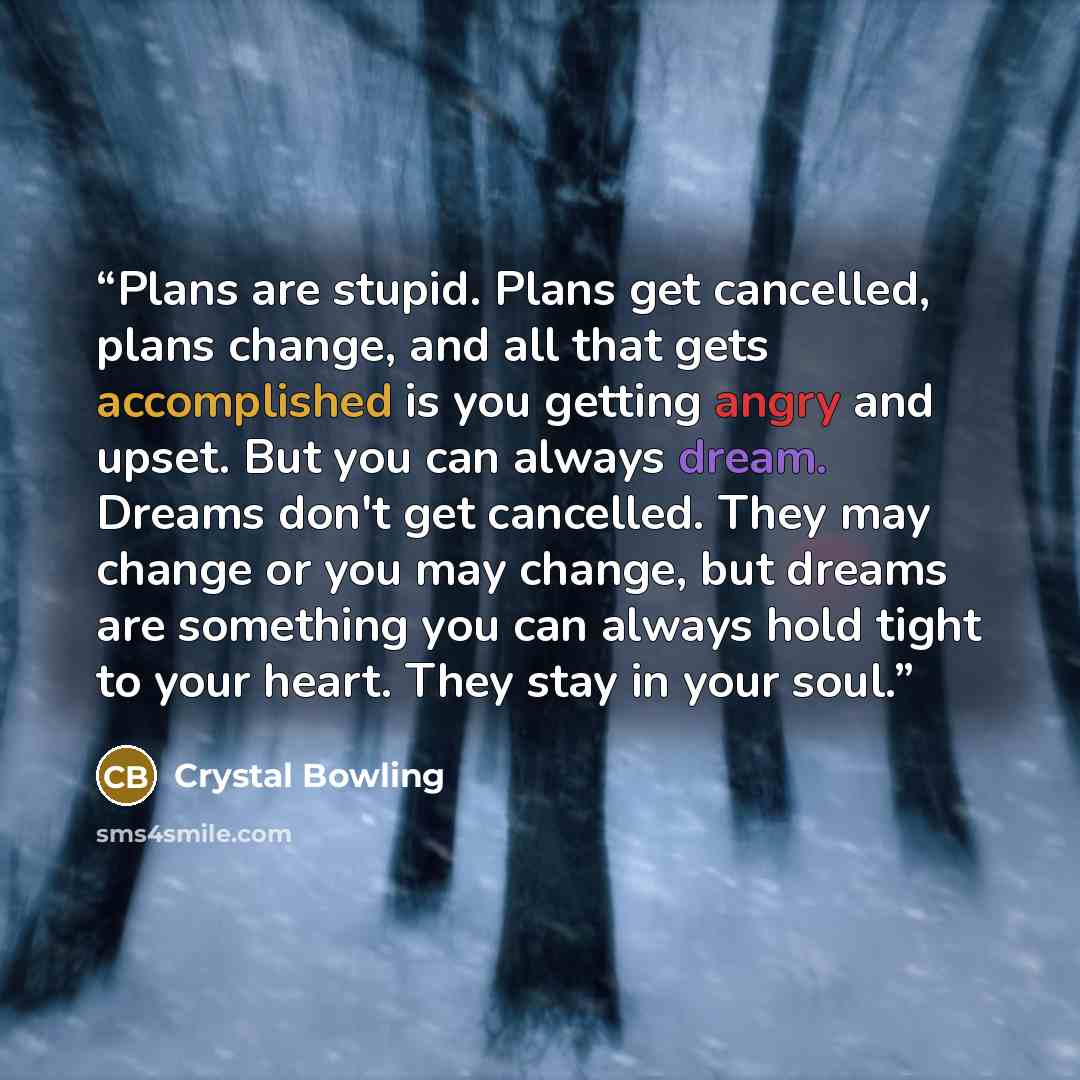 “Plans are stupid. Plans get cancelled, plans change, and all that gets accomplished is you getting angry and upset. But you can always dream. Dreams don't get cancelled. They may change or you may change, but dreams are something you can always hold tight to your heart. They stay in your soul.” quote by Crystal Bowling