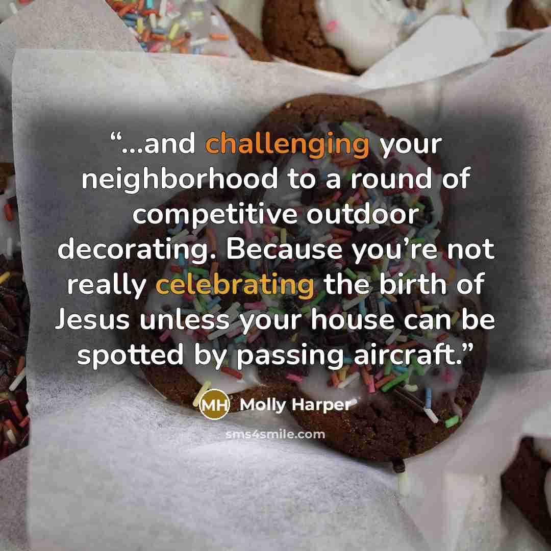 “...and challenging your neighborhood to a round of competitive outdoor decorating. Because you’re not really celebrating the birth of Jesus unless your house can be spotted by passing aircraft.” quote by Molly Harper