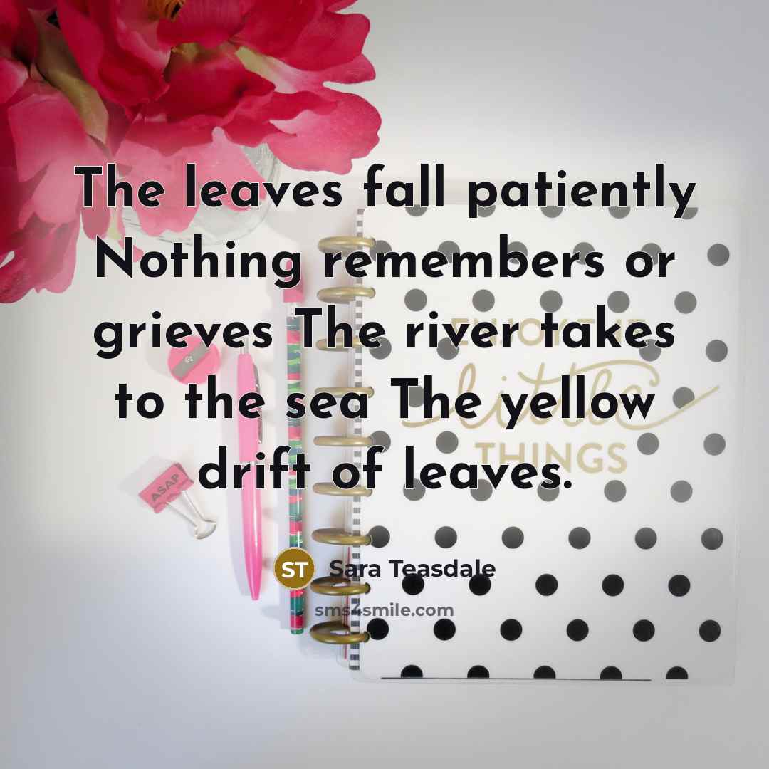 “The leaves fall patiently Nothing remembers or grieves The river…” quote by Sara Teasdale