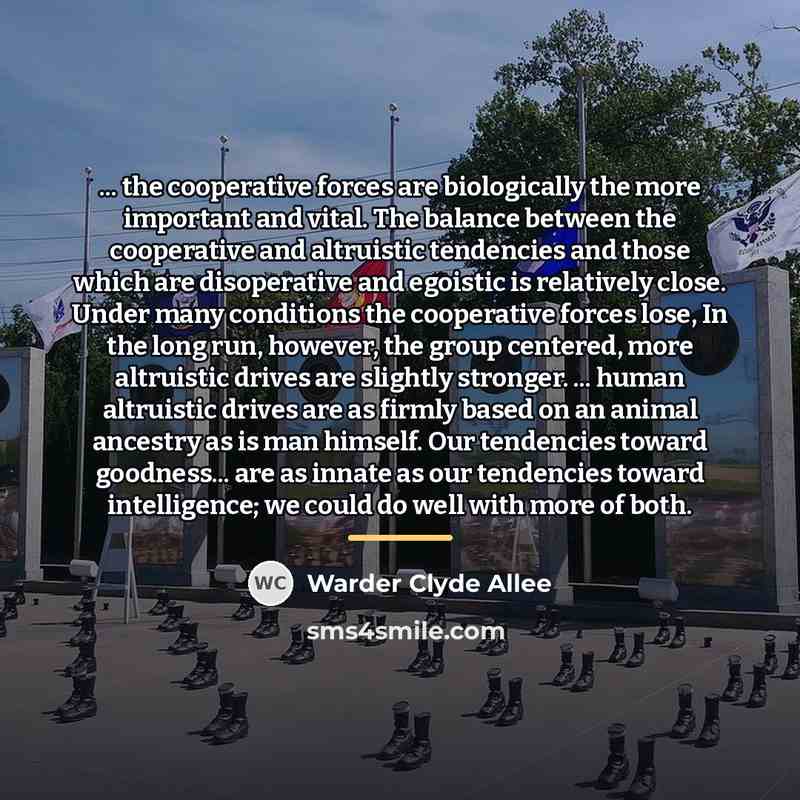 “... the cooperative forces are biologically the more important and…” quote by Warder Clyde Allee