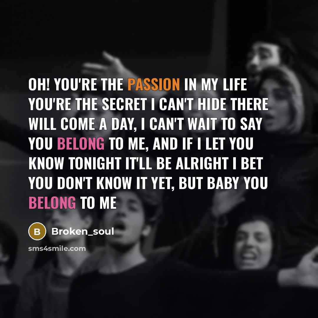 “Oh! You're the passion in my life You're the secret I can't hide There will come a day, I can't wait to say You belong to me, And if I let you know tonight It'll be alright I bet You don't know it yet, But baby you belong to me” quote by Broken_soul