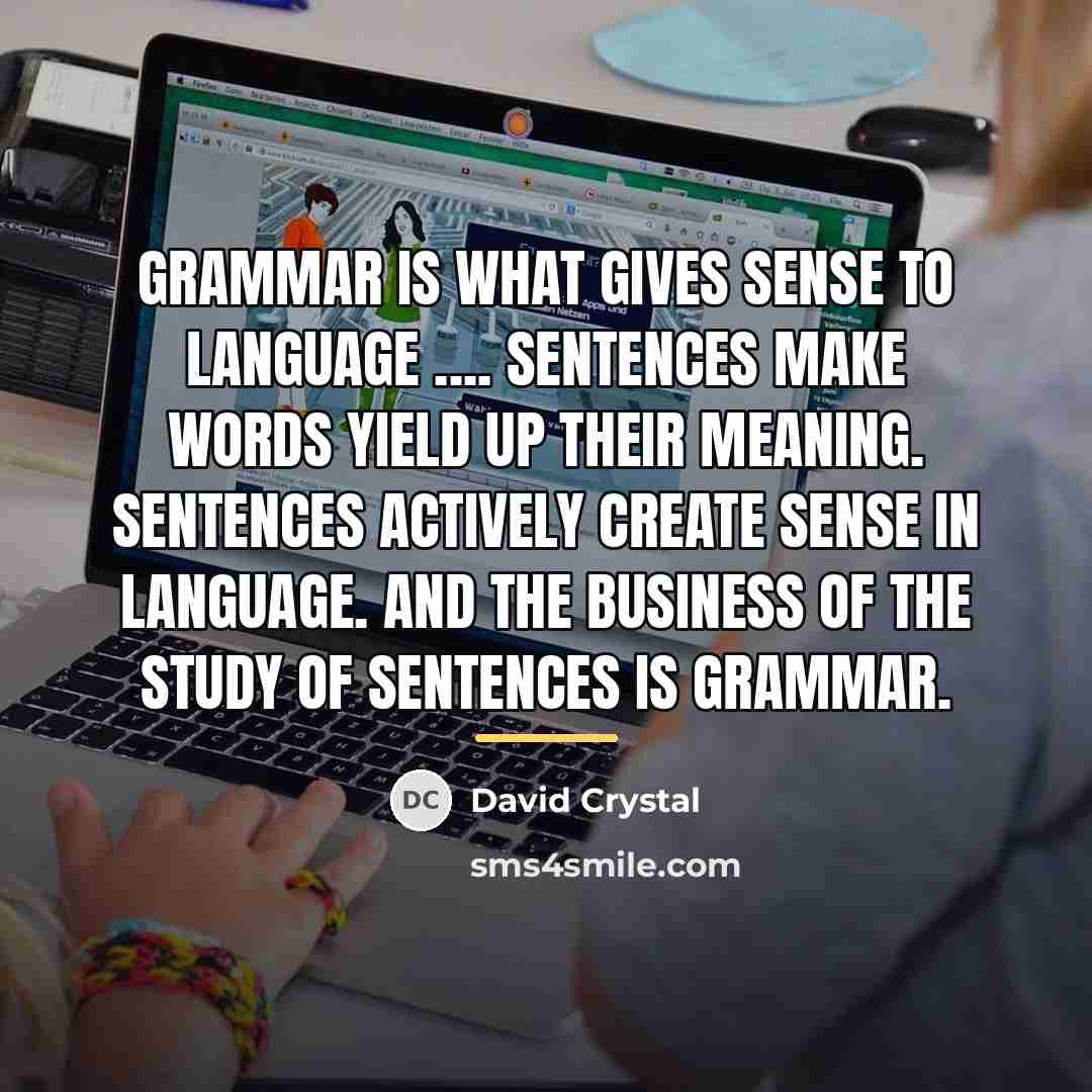 “Grammar is what gives sense to language .... sentences make…” quote by David Crystal