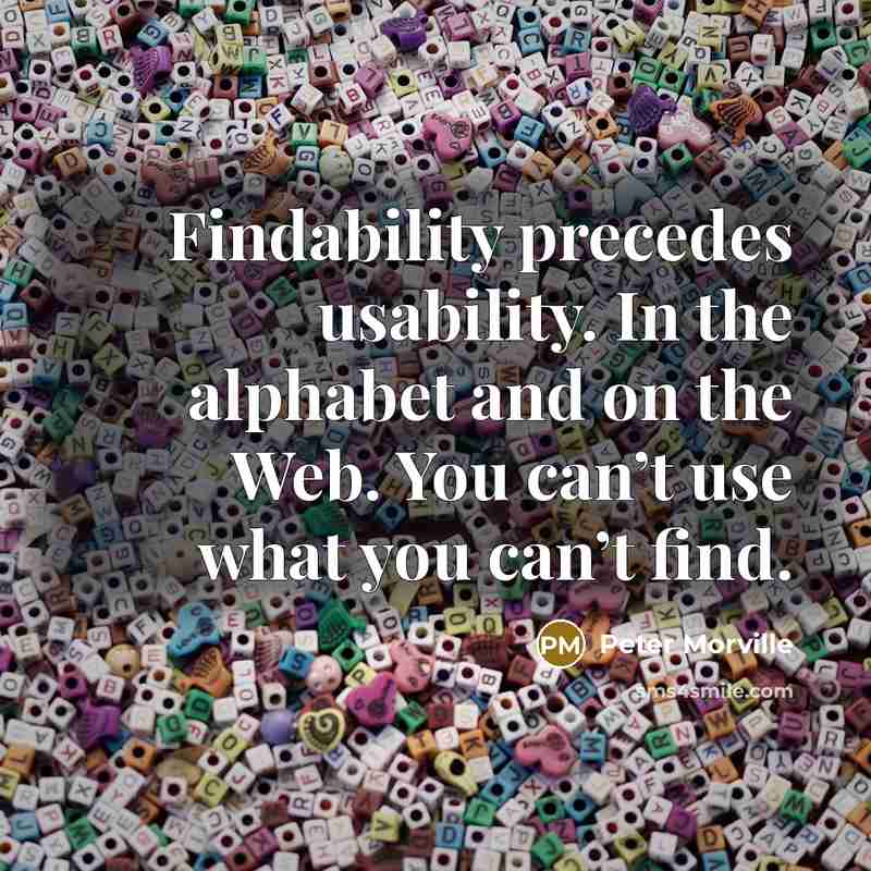 “Findability precedes usability. In the alphabet and on the Web.…” quote by Peter Morville