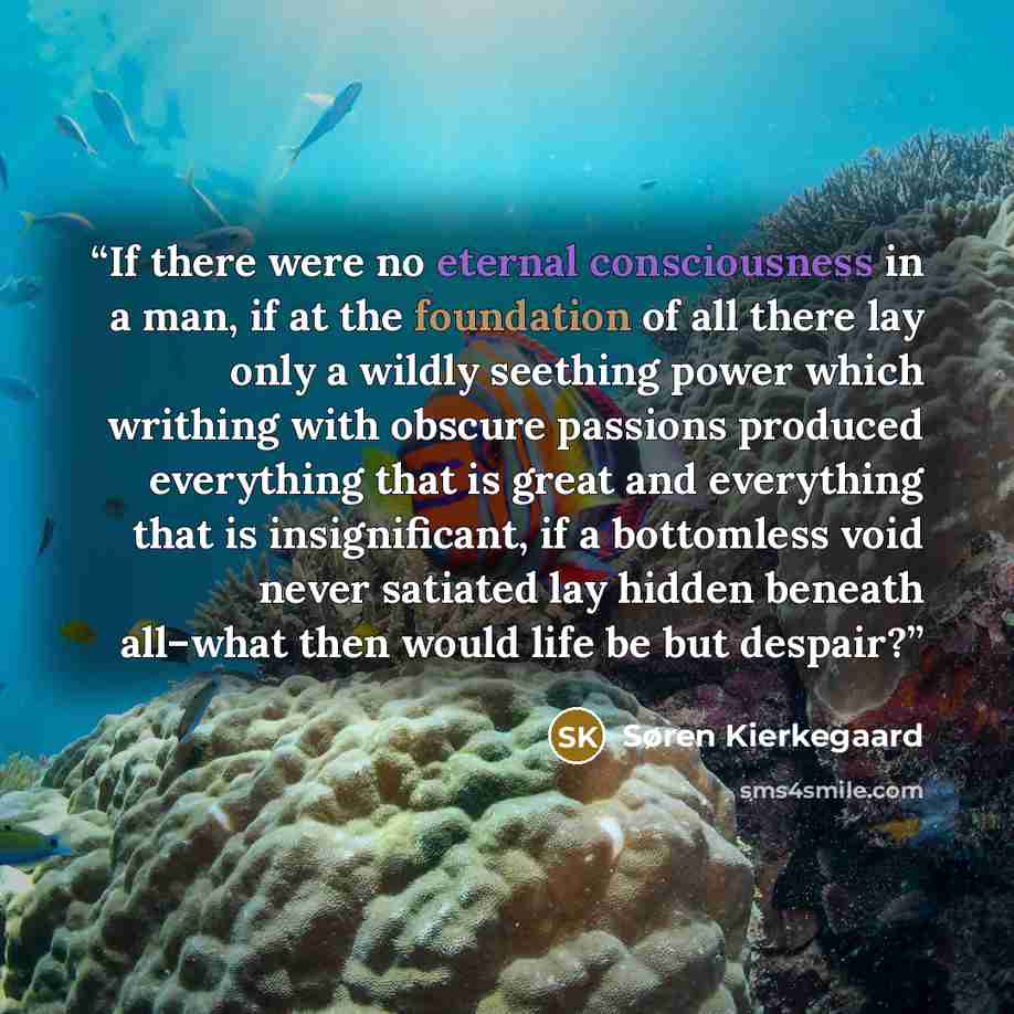 “If there were no eternal consciousness in a man, if at the foundation of all there lay only a wildly seething power which writhing with obscure passions produced everything that is great and everything that is insignificant, if a bottomless void never satiated lay hidden beneath all–what then…” quote by Søren Kierkegaard