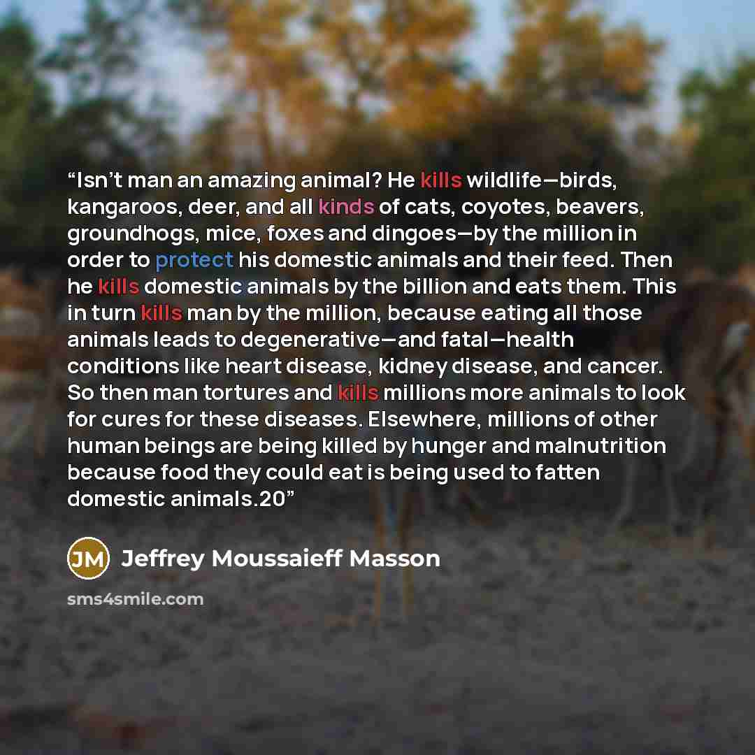 “Isn’t man an amazing animal? He kills wildlife—birds, kangaroos, deer, and all kinds of cats, coyotes, beavers, groundhogs, mice, foxes and dingoes—by the million in order to protect his domestic animals and their feed. Then he kills domestic animals by the billion and eats them. This in turn…” quote by Jeffrey Moussaieff Masson