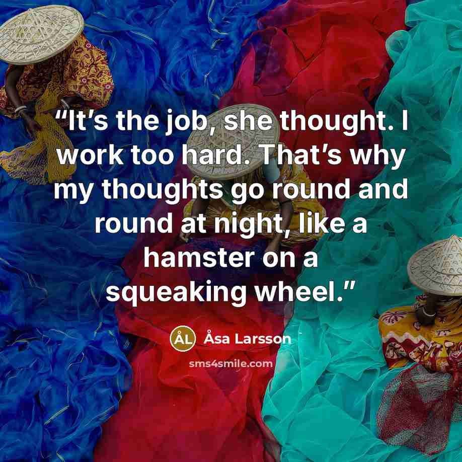 “It’s the job, she thought. I work too hard. That’s why my thoughts go round and round at night, like a hamster on a squeaking wheel.” quote by Åsa Larsson