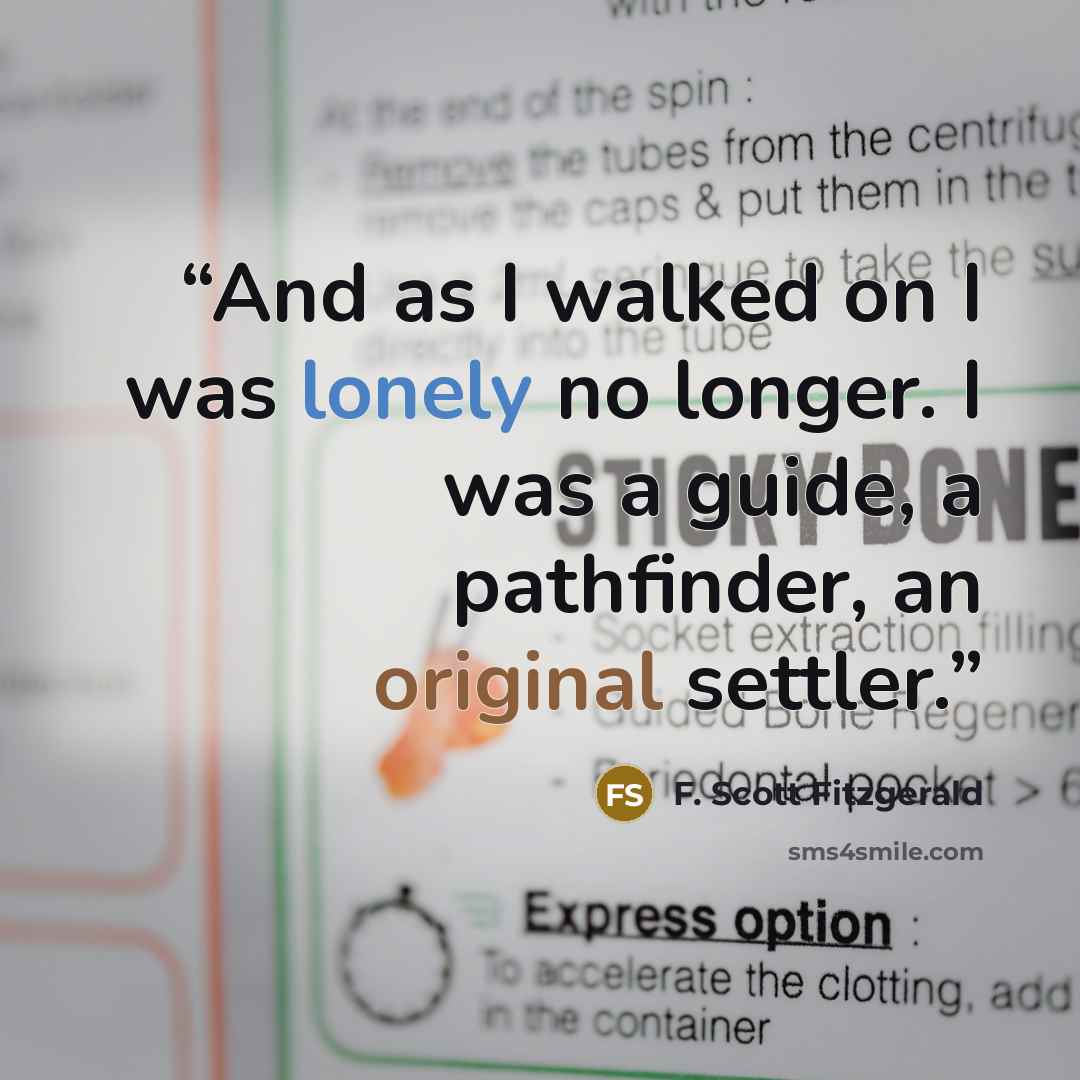 “And as I walked on I was lonely no longer. I was a guide, a pathfinder, an original settler.” quote by F. Scott Fitzgerald