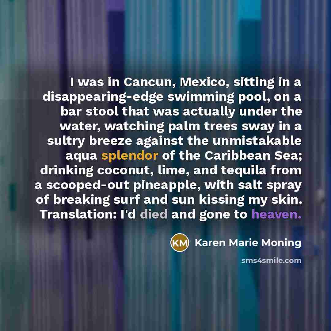 “I was in Cancun, Mexico, sitting in a disappearing-edge swimming…” quote by Karen Marie Moning
