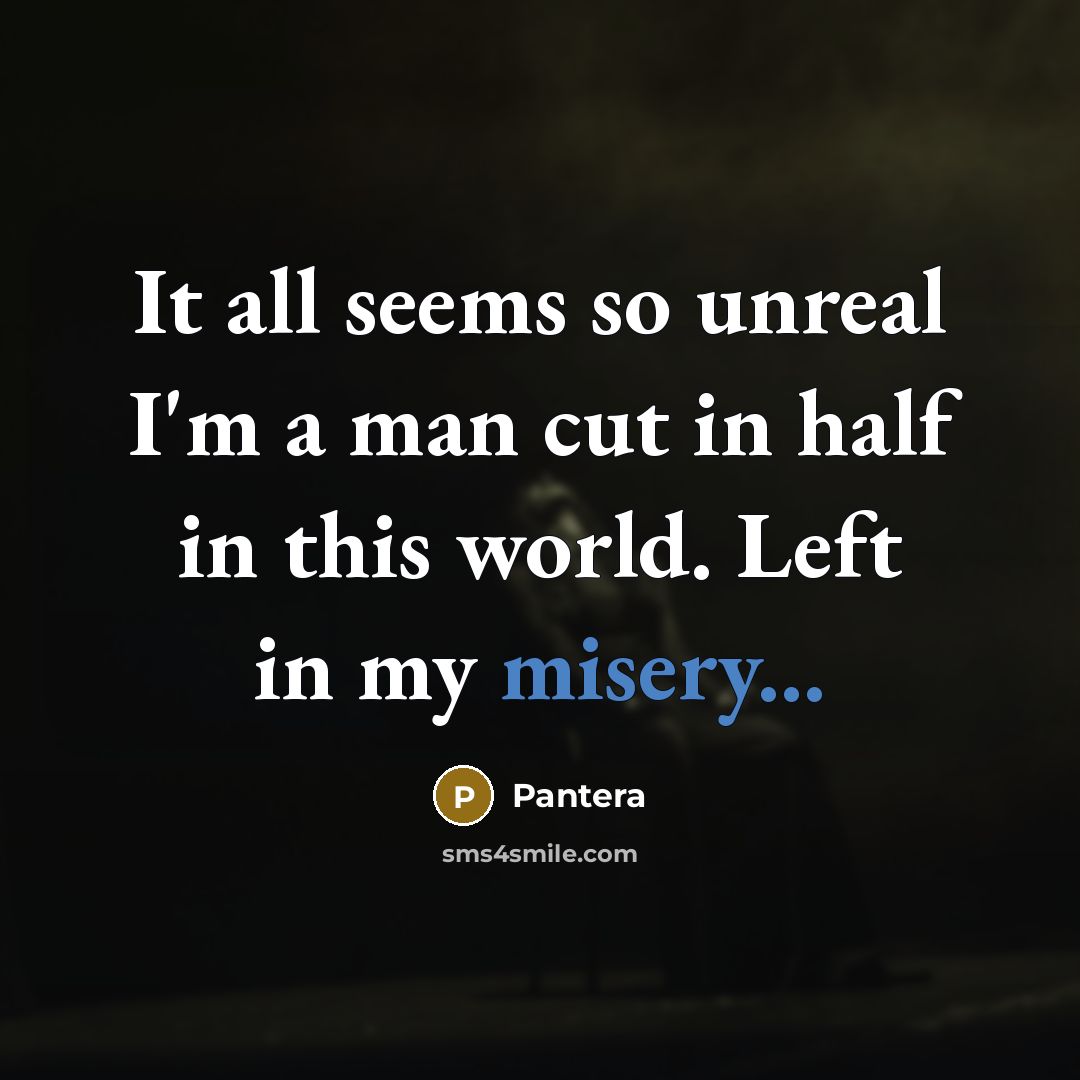 “It all seems so unreal I'm a man cut in half in this world. Left in my misery...” quote by Pantera