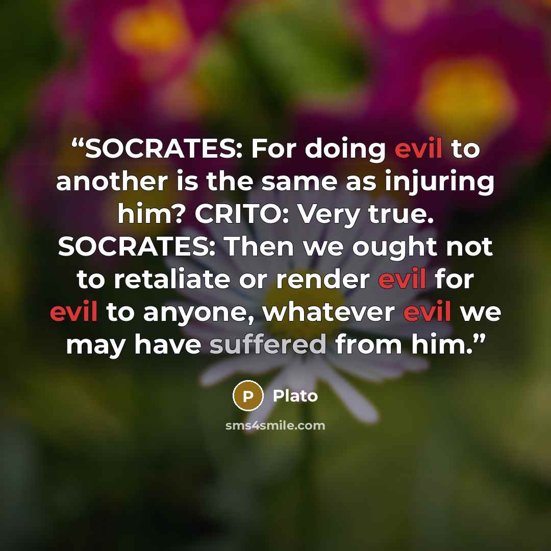 “SOCRATES: For doing evil to another is the same as injuring him? CRITO: Very true. SOCRATES: Then we ought not to retaliate or render evil for evil to anyone, whatever evil we may have suffered from him.” quote by Plato