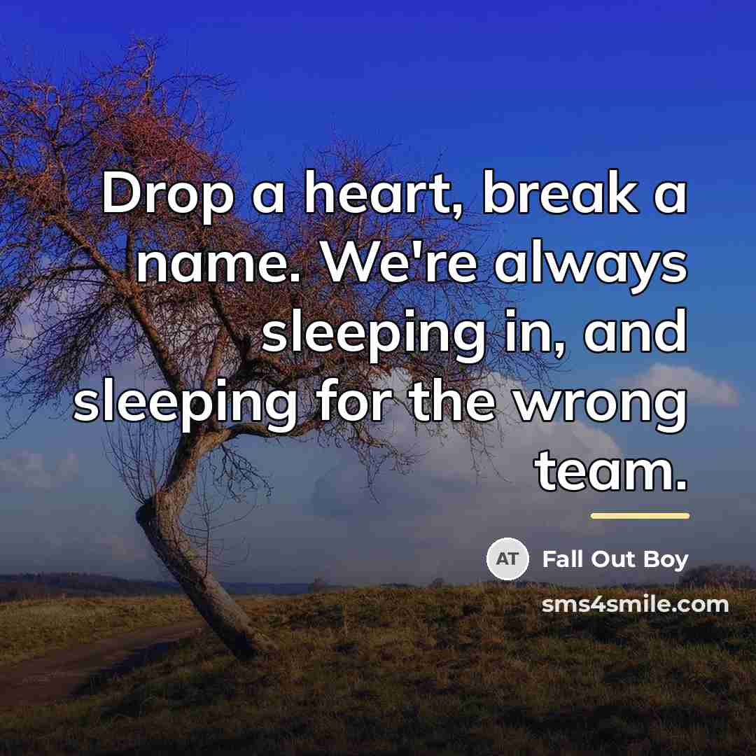“Drop a heart, break a name. We're always sleeping in,…” quote by Fall Out Boy