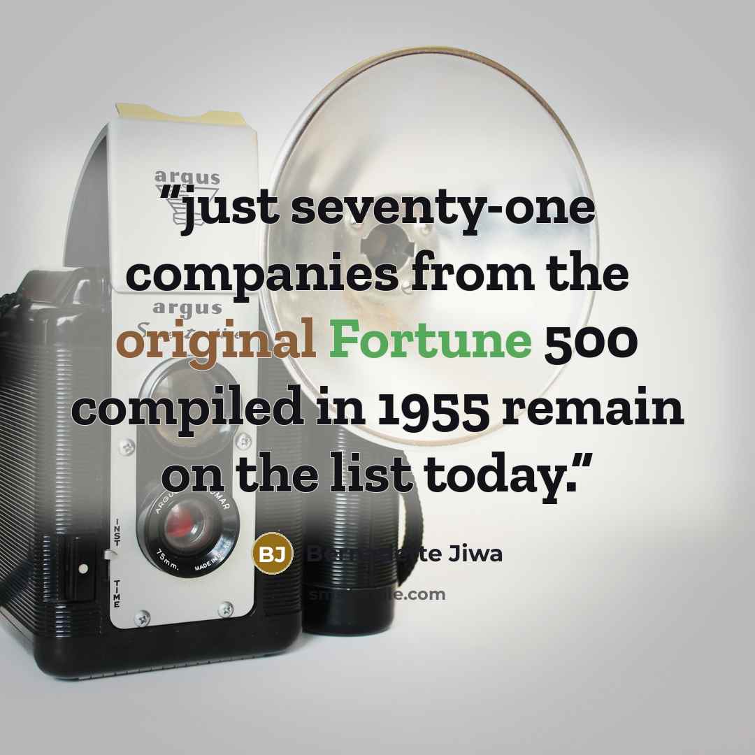 “just seventy-one companies from the original Fortune 500 compiled in 1955 remain on the list today.” quote by Bernadette Jiwa