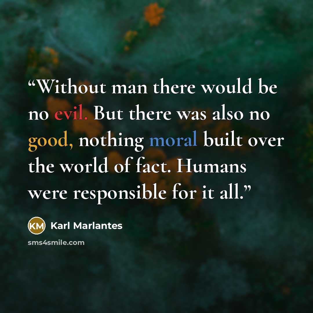 “Without man there would be no evil. But there was also no good, nothing moral built over the world of fact. Humans were responsible for it all.” quote by Karl Marlantes