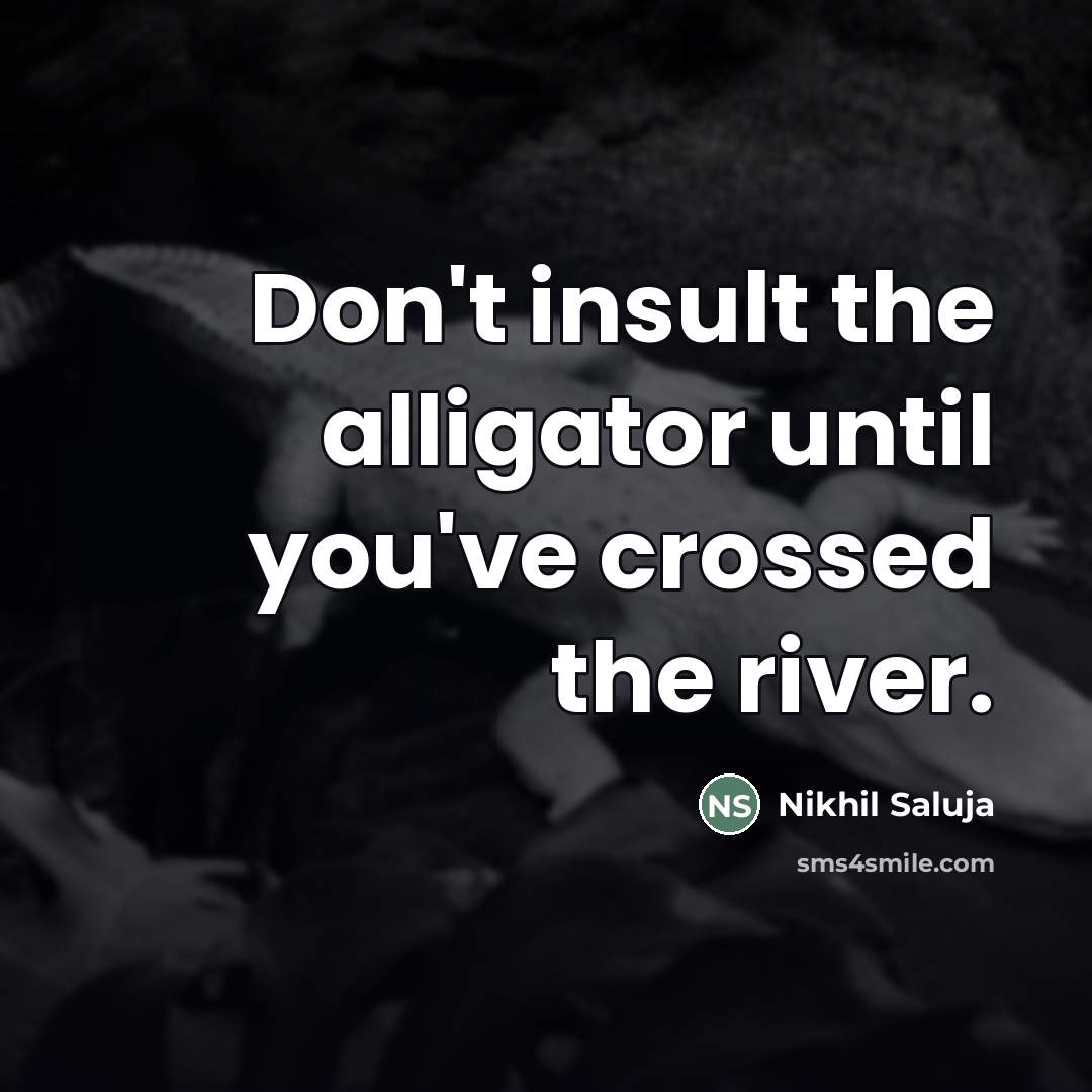 “Don't insult the alligator until you've crossed the river.…” quote by Nikhil Saluja
